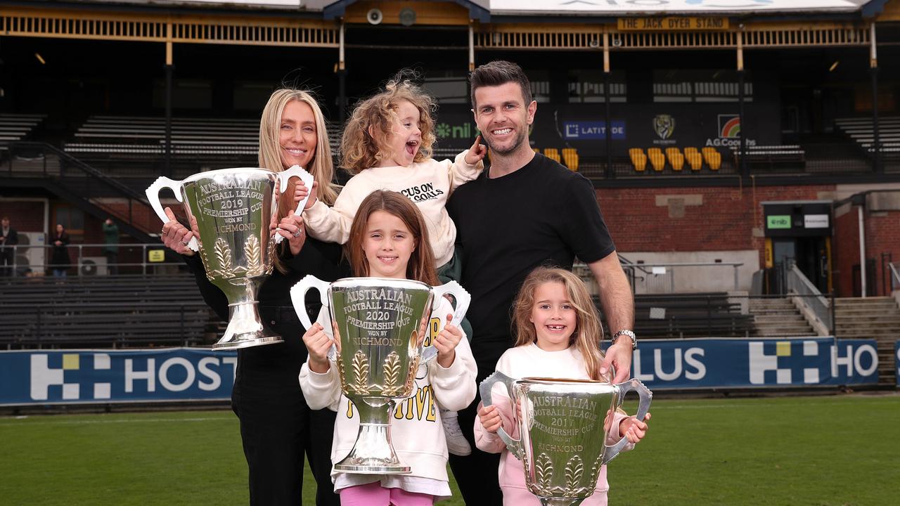 Trent Cotchin poses for a portrait with his wife Brooke and their children Parker, Harper and Mackenzie. Photo by Kelly Defina/Getty Images.