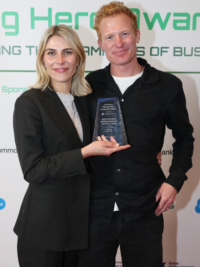 MELBOURNE, AUSTRALIA – MAY 28 2024 Julia Kay and Jordy Kay from GREAT WRAP – Winner: “Sustainable Entrepreneur” Award at the CommBank Young Hero Awards held at the Langham Hotel in Melbourne. Picture: Brendan Beckett