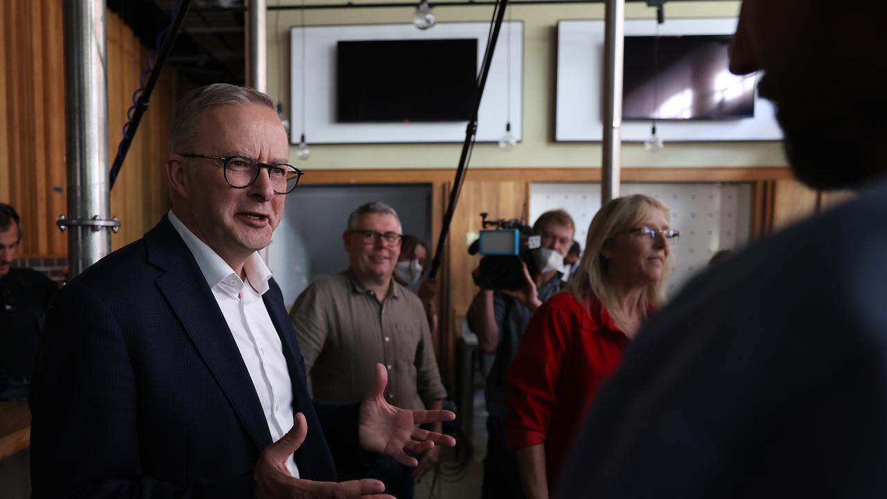 Labor leader Anthony Albanese visits flood affected Newstead Brewing Co in Brisbane on day 7 of the federal election campaign. Picture: Toby Zerna / News Corp Australia