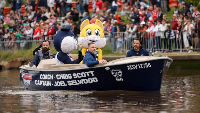 Chris Scott and Joel Selwood of the Cats are seen during the 2022 Toyota AFL Grand Final Parade. Picture: Getty Images