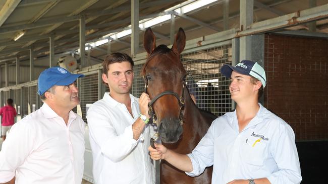 Vin Cox with sons Charlie, 21 and Will, 17, looking over a yearling from Amarina Farm. Picture: Glenn Hampson