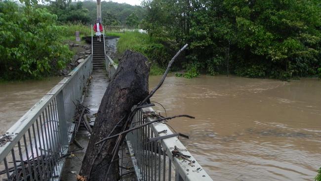 The aftermath of the January 2011 flooding at the bridge crossing Petrie Creek near Nambour's Quota Park. Giant tree stumps were carried downstream and deposited on the bridge by the fast moving water. Photo Mark Furler / Sunshine Coast Daily