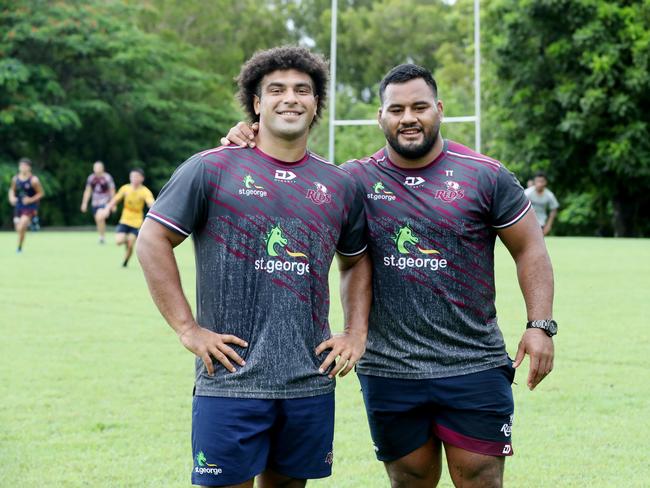 Queensland Reds players Zan Nonggorr and Taniela Tupou in Cairns for three days. Running a junior clinic from 3-5pm at Barron Trinity's home ground. Picture: Stewart McLean