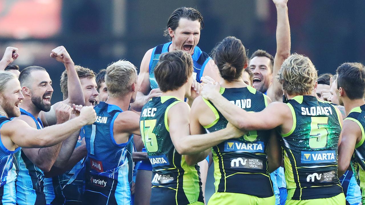 MELBOURNE, AUSTRALIA - FEBRUARY 22: Patrick Dangerfield of the Bolts team reacts after winning the toss during the 2019 AFLX at Marvel Stadium on February 22, 2019 in Melbourne, Australia. (Photo by Michael Dodge/Getty Images)