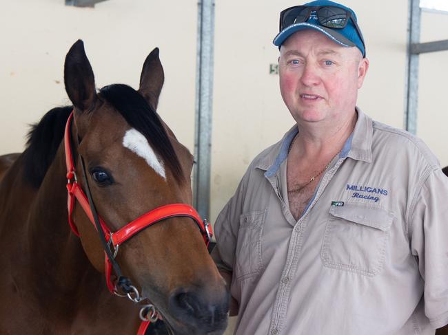 Embargoed for The Daily Telegraph.    The Big Dance race preview.   Trainer Glen Milligan with horse Charmmebaby who will be running in the Big Dance pictured at Port Macquarie racetrack on Port Macquarie cup day., Picture Shane Chalker