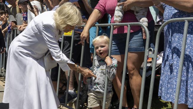 Queen Camilla greets members of the public in Canberra, however, some were a little more impressed by the cameras. Picture: NewsWire / POOL / Gary Ramage