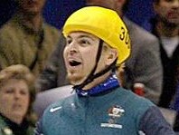 Australia's Steven Bradbury (L) crosses the line ahead of USA's Apolo Anton Ohno (C, silver) and Canada's Mathieu Turcotte (R, bronze) to win gold in the men's 1000m short track finals at the Salt Lake City Winter Olympic Games 16 February 2002. EPA PHOTO DPA/GERO BRELOER