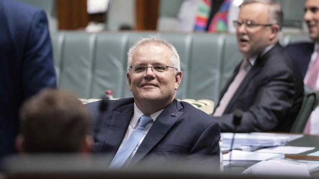 Scott Morrison and Anthony Albanese, right, in the House of Representatives at Parliament House, Canberra, on Tuesday. Picture: Gary Ramage