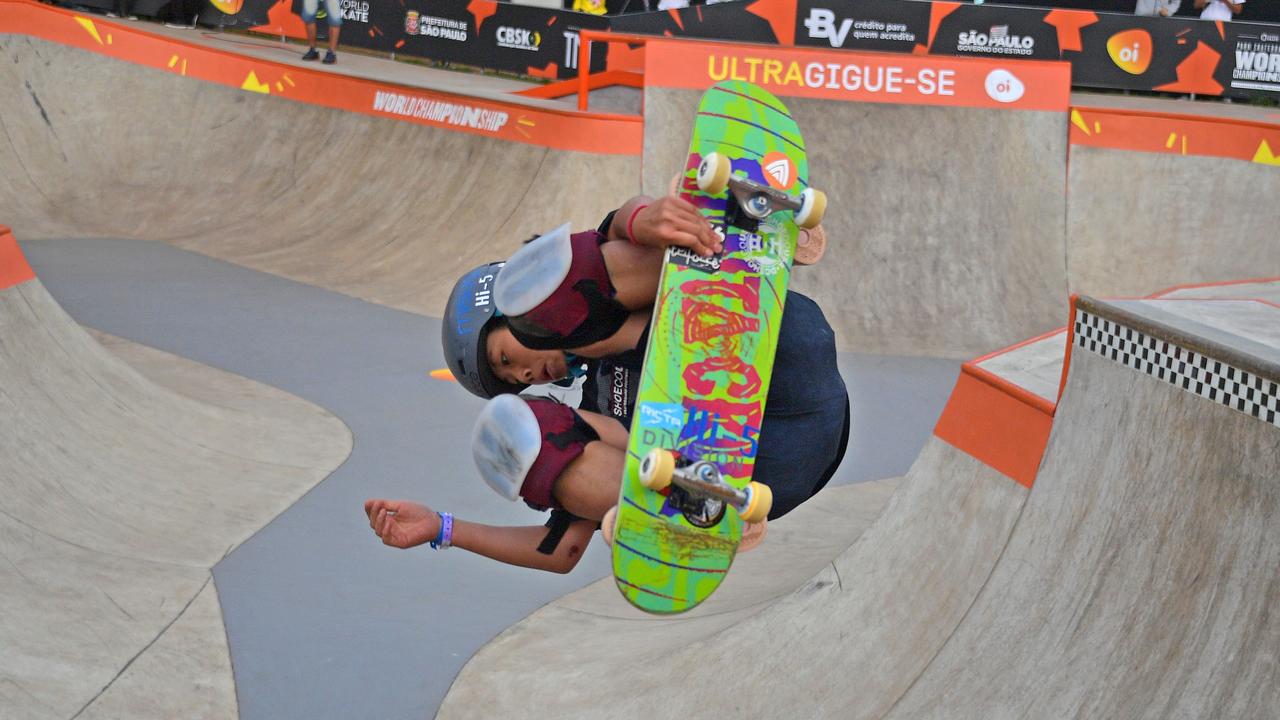 Japanese skateboarder, Misugu Okamoto competes in the finals of the World Park Skateboarding Championships in Sao Paulo.