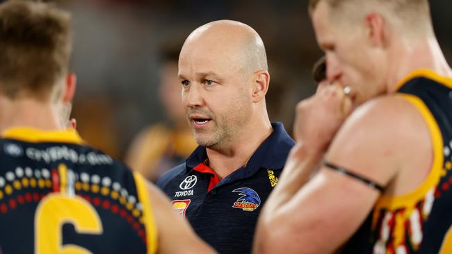 MELBOURNE, AUSTRALIA - JULY 10: Matthew Nicks, Senior Coach of the Crows addresses his players during the 2022 AFL Round 17 match between the Hawthorn Hawks and the Adelaide Crows at Marvel Stadium on July 10, 2022 in Melbourne, Australia. (Photo by Michael Willson/AFL Photos via Getty Images)