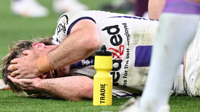 Ryan Papenhuyzen suffered a horror injury against the Broncos. Pictures: Getty Images