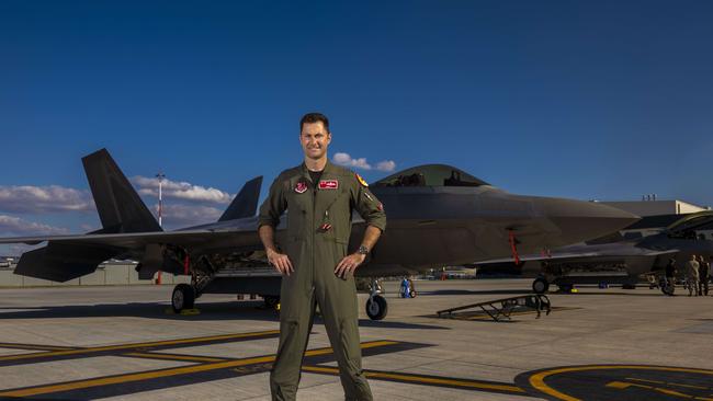 20th July 2019Flight Lieutenant Paul Anderton photographed in front of a F-22 fighter jet at Amberley Air Force Base in Queensland. The Australian is a member of US Air Force F-22 Squadron in Alaska taking part in Talisman Sabre exercises in Australia. Photo: Glenn Hunt/The Australian