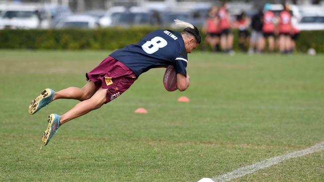 RUGBY LEAGUE: Justin Hodges and Chris Flannery 9s Gala Day. Caloundra State High V Meridan State College. year 10. Caloundra's Toby Irvine goes over for a try. Picture: Patrick Woods.