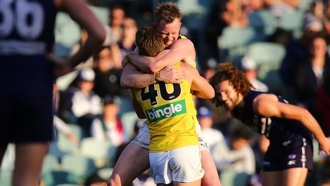 Jack Riewoldt celebrates with teammate Dan Butler. Picture: Getty