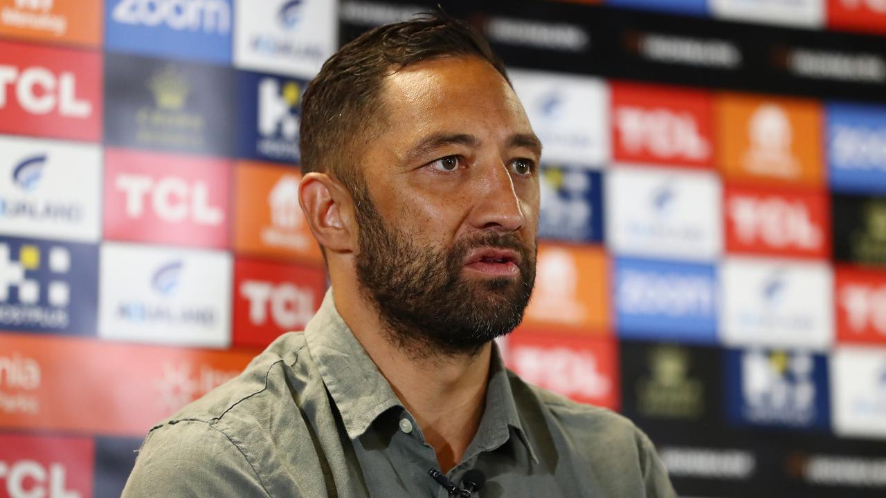 Benji Marshall speaks to the media. Photo by Chris Hyde/Getty Images