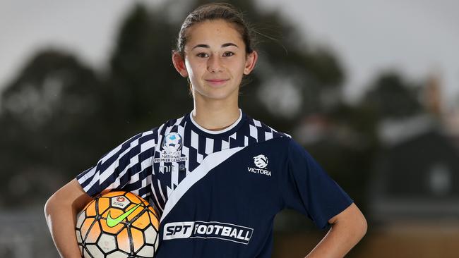 Teen soccer prodigy Nia Stamatopoulos spends up to 13 hours a week training or playing, her dad estimates. Picture: George Salpigtidis