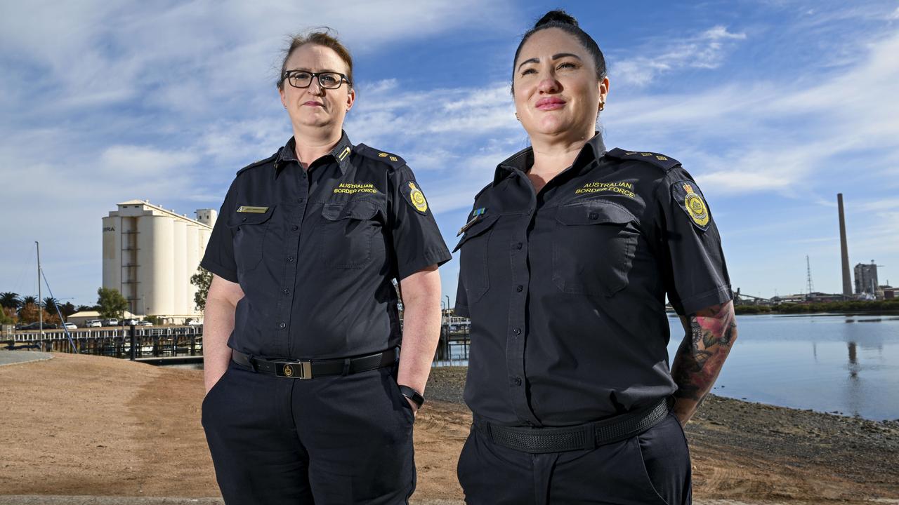 Australian Border Force Superintendent Jody Griswood and Inspector Mel Duncan at Port Pirie. Picture: Mark Brake