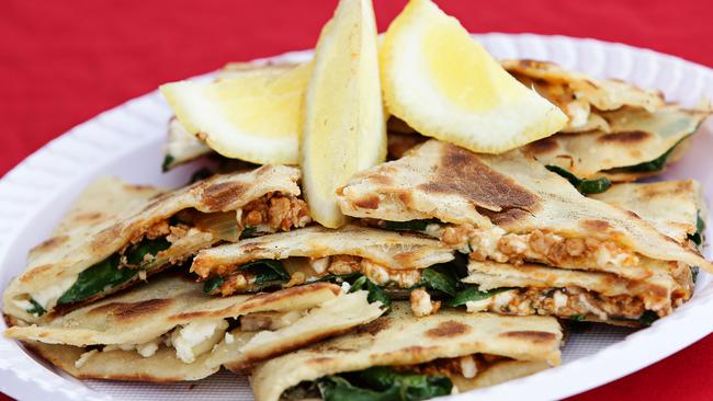 Chicken, mushroom, spinach and feta cheese gozleme.