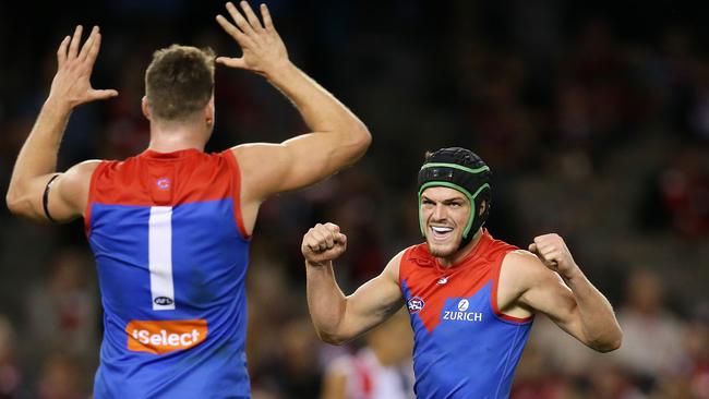 Angus Brayshaw celebrates a goal with Jesse Hogan. Picture: Michael Klein