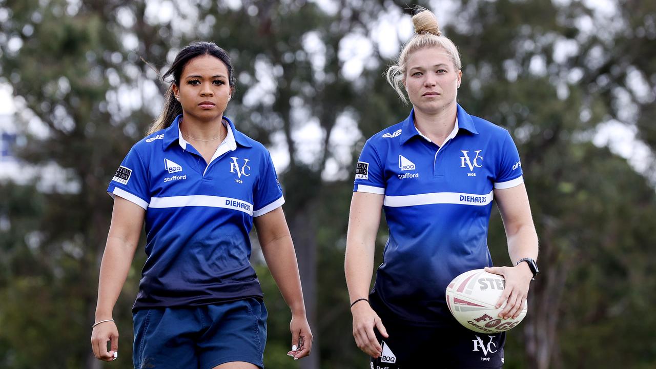 Valley Diehards players Taylor-Adeline Mapusua, 23, and Jamie-Lee Lewis, 31, will stand with the club after they were scratched from the QRLW competition in 2022. Picture: Tara Croser