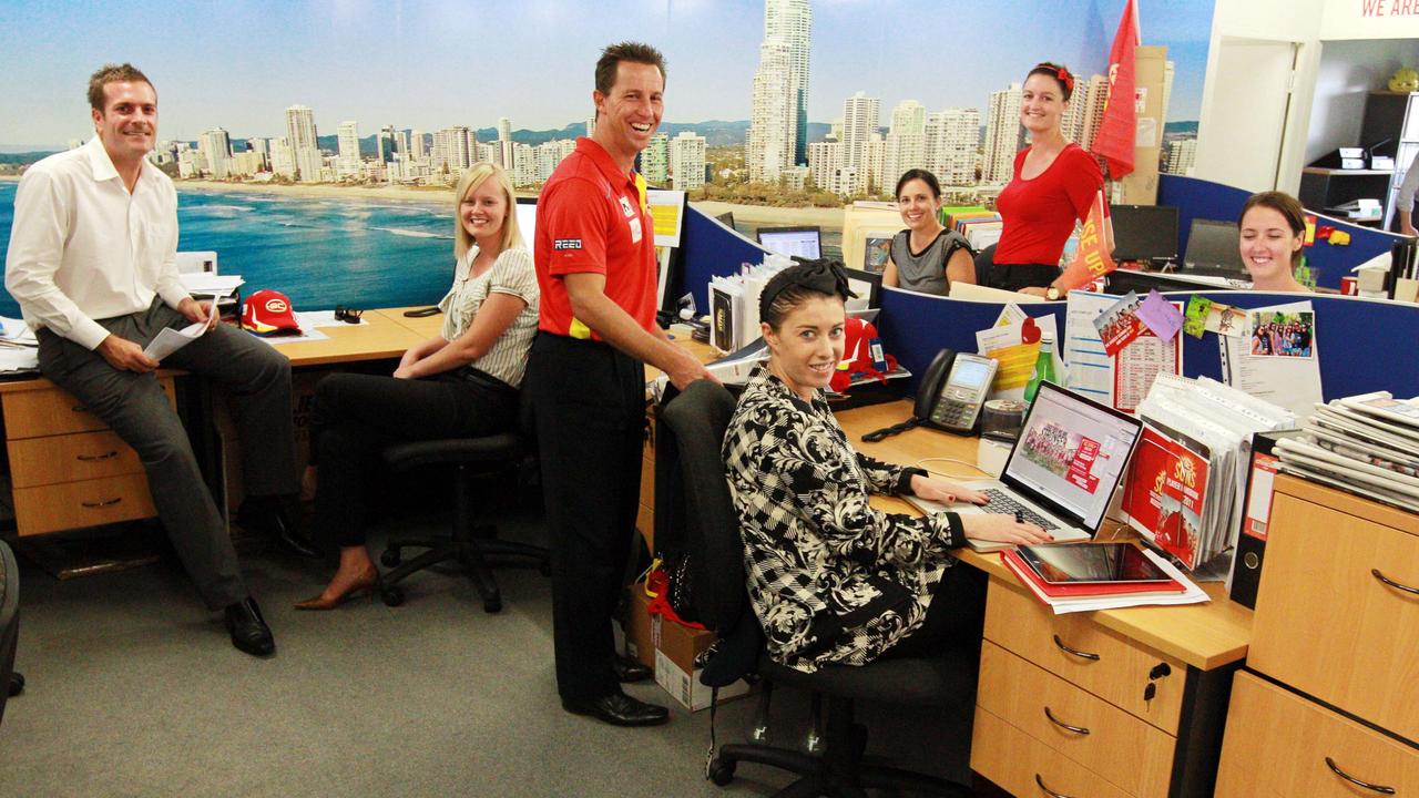 Andrew Thomas (first on the left) has left the Gold Coast Suns to join the Brisbane Lions.