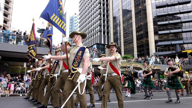 Marching down Adelaide St, during the Anzac Day Parade, Brisbane City. Photo: Steve Pohlner