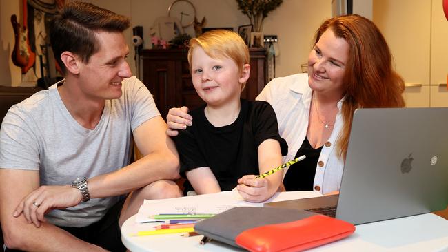 Parents Will and Lauren Brincat have been home schooling 8-year-old son Teddy at home in Dee Why during the Covid 19 lockdown. Picture: Toby Zerna