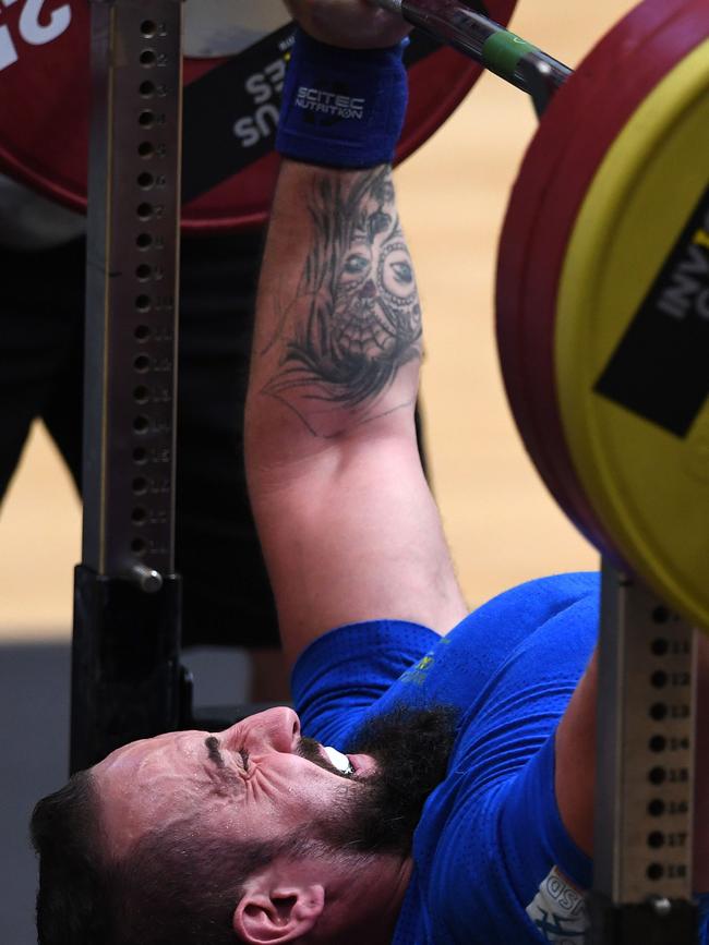 Laurent Charlot of France competes in the men's power weightlifting event. Picture: Saeed Khan/AFP