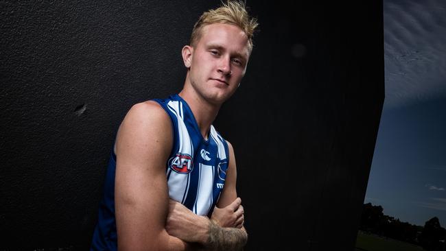 MELBOURNE, AUSTRALIA - NOVEMBER 16: Jaidyn Stephenson poses for a photo during a North Melbourne Kangaroos AFL media opportunity at Arden Street Ground on November 16, 2020 in Melbourne, Australia. (Photo by Darrian Traynor/Getty Images)