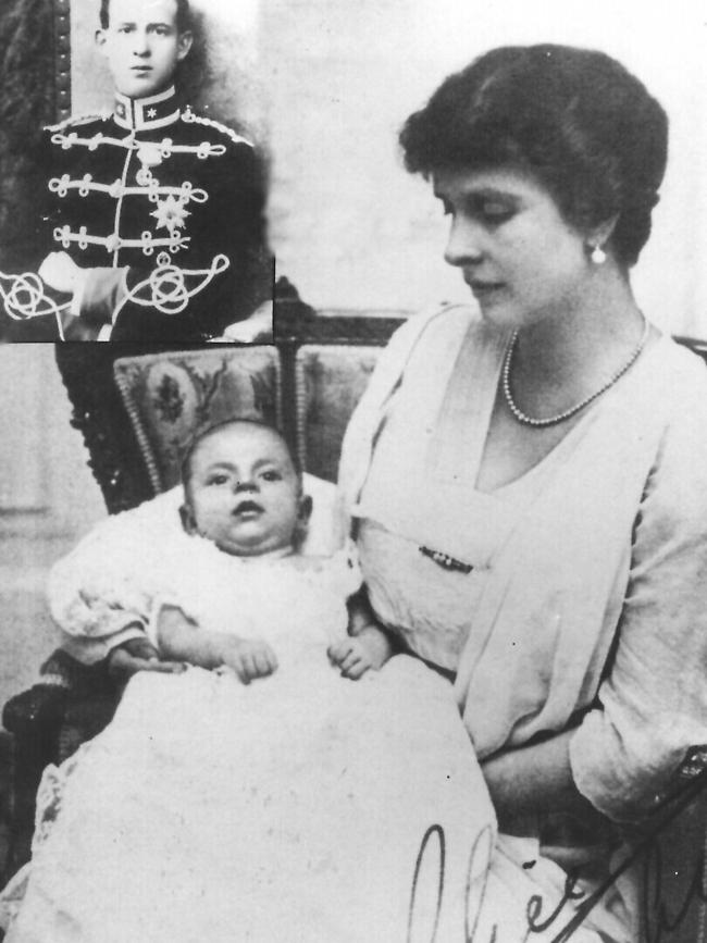 Philip in the arms of his mother, Princess Alice of Greece. Inset is Philip's father, Prince Andrew. Picture: Supplied