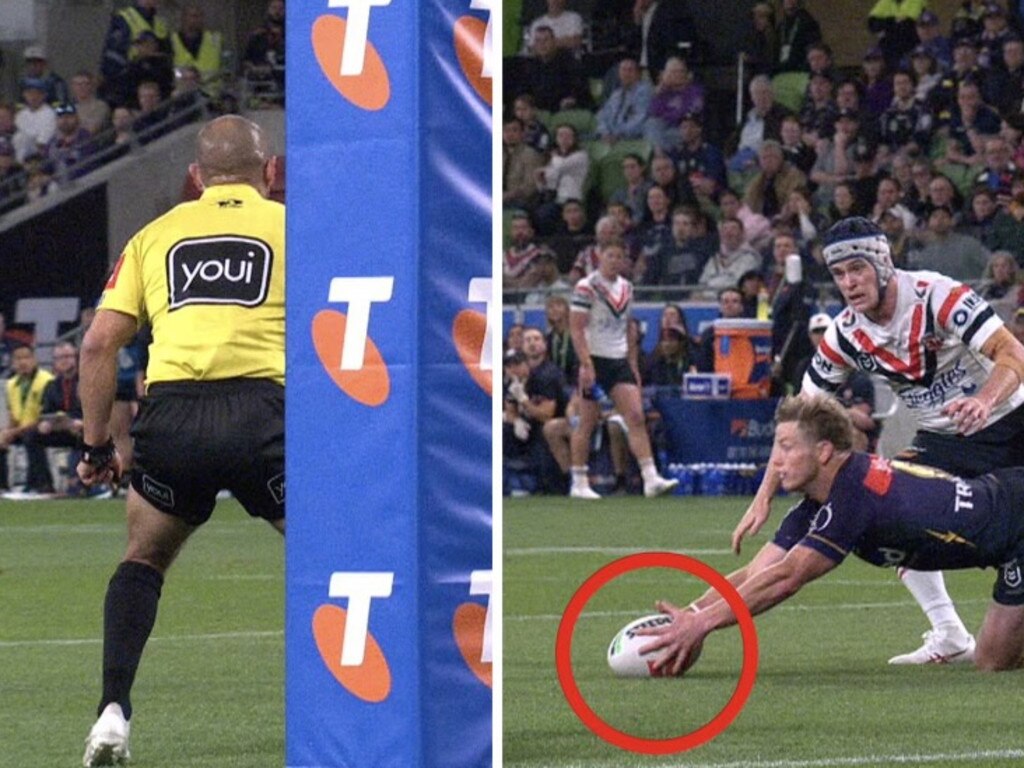 Harry Grant juggling the ball on his own line in semi-final against Roosters at AAMI Park. Picture: Fox League