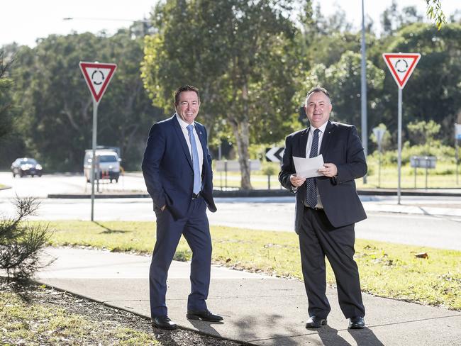 NSW Minister for Regional Transport and Roads Paul Toole and Central Coast Parliamentary Secretary Terrigal Adam Crouch on the Central Coast Highway. Picture: Troy Snook