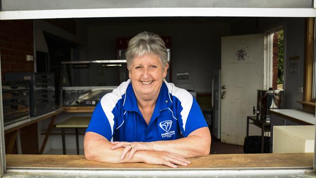 Score on the board: Joy Harris at the Melville Oval canteen, where she has volunteered for the Hamilton Kangaroos Football Club for over 40 years.