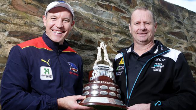 Brenton Sanderson and Ken Hinkley earlier this year, before facing off in a Showdown. Picture: Sarah Reed.