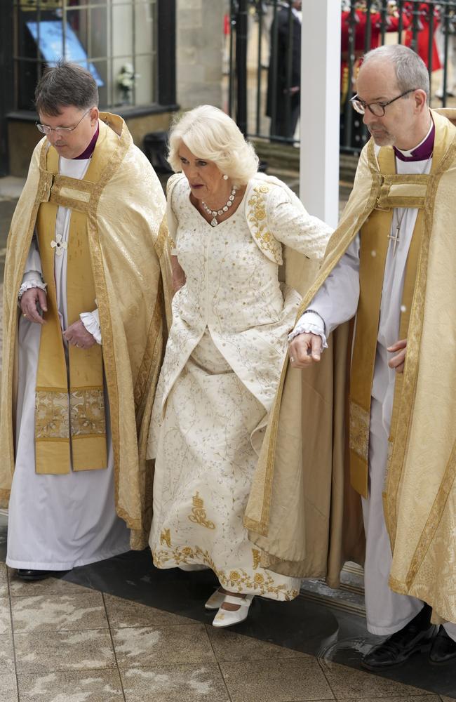 Queen Camilla arrives ahead of the coronation service. Picture: Getty Images