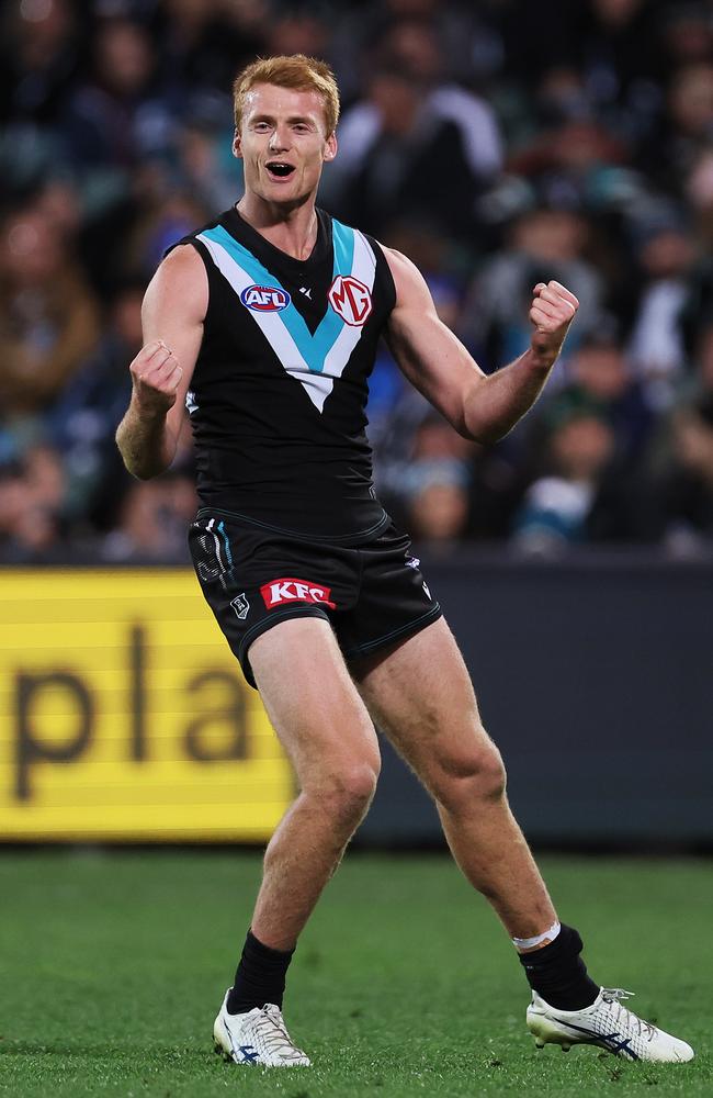 Willem Drew enjoys a goal. Picture: James Elsby/AFL Photos via Getty Images