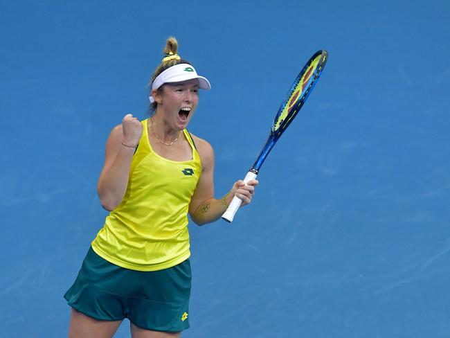 Storm Sanders of Australia celebrates after defeating Yuliya Hatouka of Belarus (not pictured) in their tennis match of the Billie Jean King Cup finals between Belarus and Australia on November 4, 2021 in Prague. (Photo by Michal Cizek / AFP)