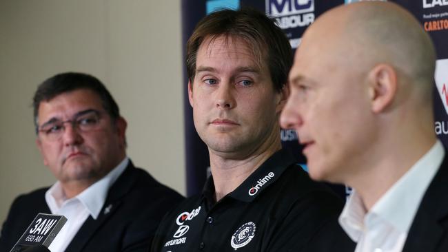 Carlton president Mark Logiudice, coach David Teague and chief executive Cain Liddle. Picture: Michael Klein