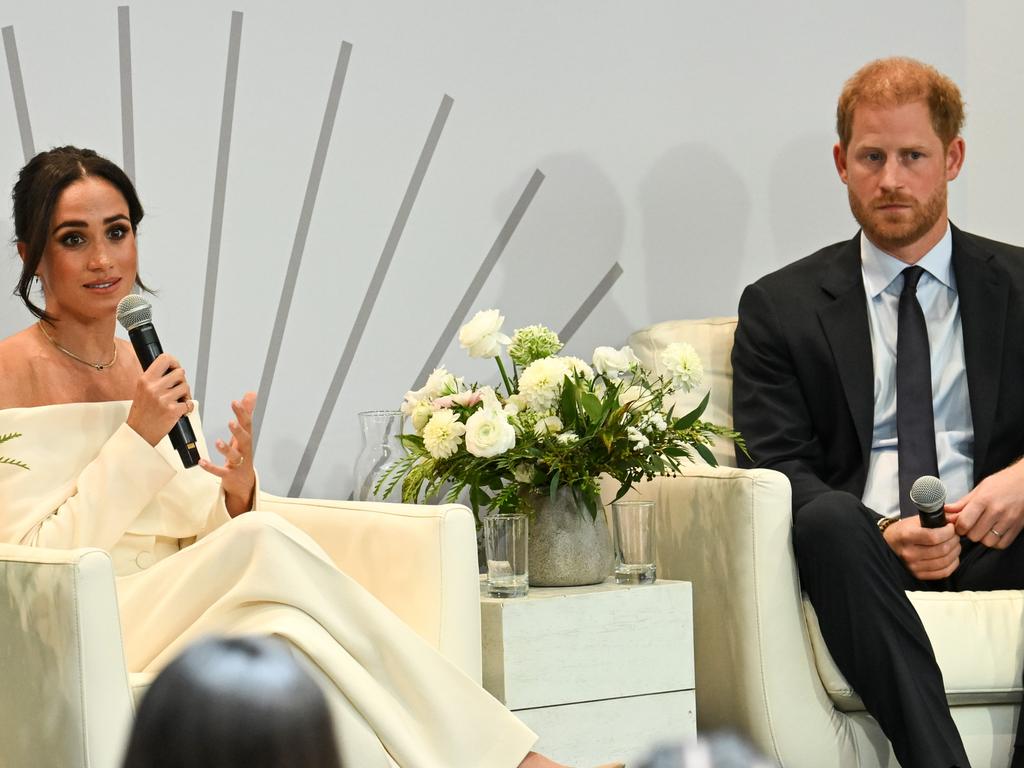 Meghan and Harry on stage at The Archewell Foundation Parents Summit: Mental Wellness in the Digital Age. Picture: Getty Images