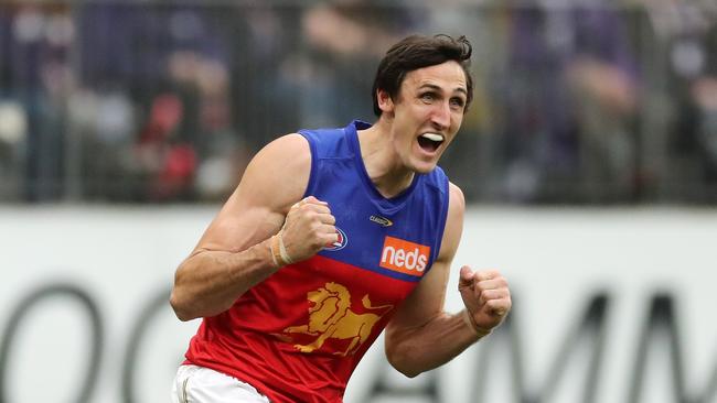 Oscar McInerney of the Lions celebrates after scoring a goal. Picture: Getty Images