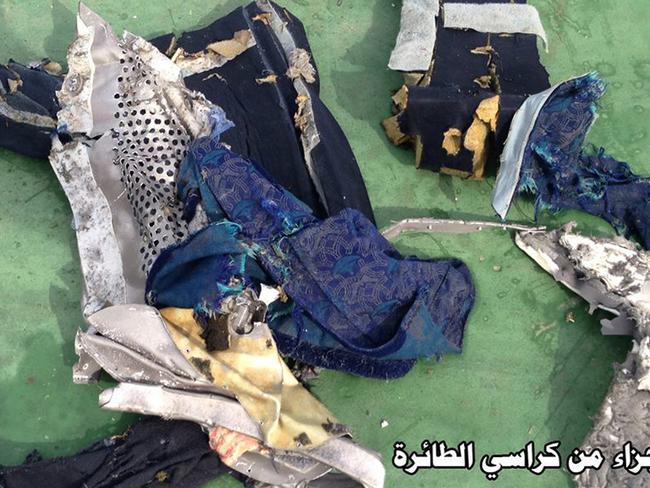 This picture posted Saturday, May 21, 2016, on the official Facebook page of the Egyptian Armed Forces  shows part of a plane chair from EgyptAir flight 804. Picture: Egyptian Armed Forces via AP