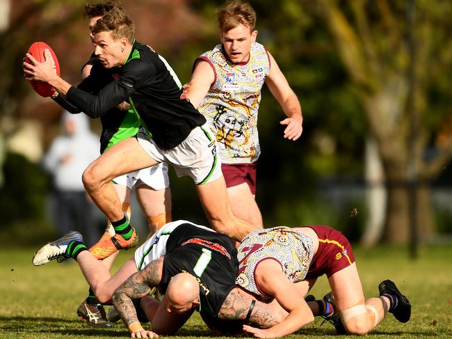 SFNL: Doveton’s Jake Ingaliso jumps the pack. Picture: Josh Chadwick