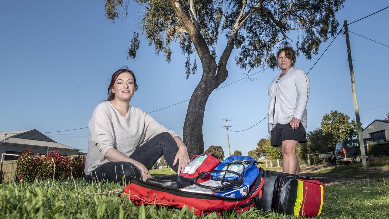 Maddison Hayward (left) and Kelli-Jade Martin, trauma nurses offering services as first aiders to folks in their neighbourhoods. Picture: Nev Madsen.