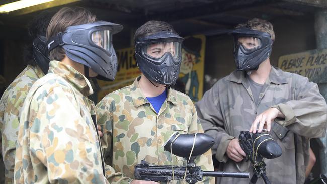 Port players Tobin Cox, Zak Butters and Trent McKenzie get ready for Paint Ball. Picture: Sarah Reed