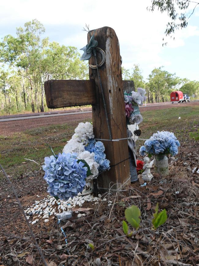 A roadside cross marking the site where Eleftheria 'Rita' Skliros died in a fatal crash on the Stuart Hwy. Picture: Katrina Bridgeford.