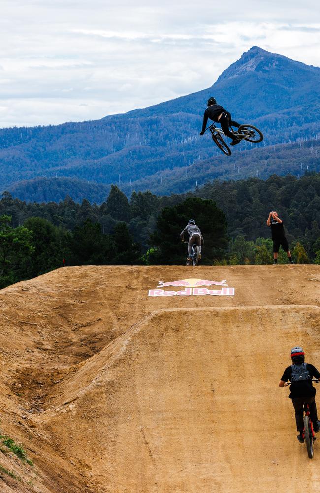 Darcy Coutts testing out the new Red Bull Hardline Tasmania track at Maydena Bike Park. Picture: Ryan Finlay.