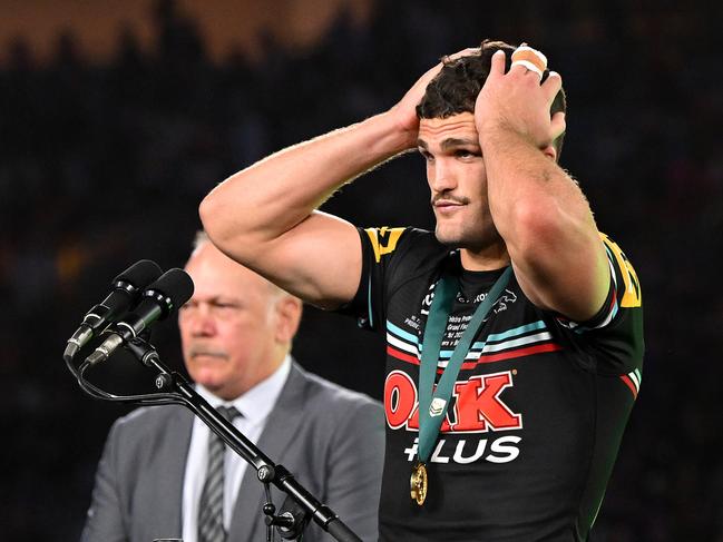 SYDNEY, AUSTRALIA - OCTOBER 01: Nathan Cleary of the Panthers reacts after receiving his winners' medal during the 2023 NRL Grand Final match between Penrith Panthers and Brisbane Broncos at Accor Stadium on October 01, 2023 in Sydney, Australia. (Photo by Bradley Kanaris/Getty Images)