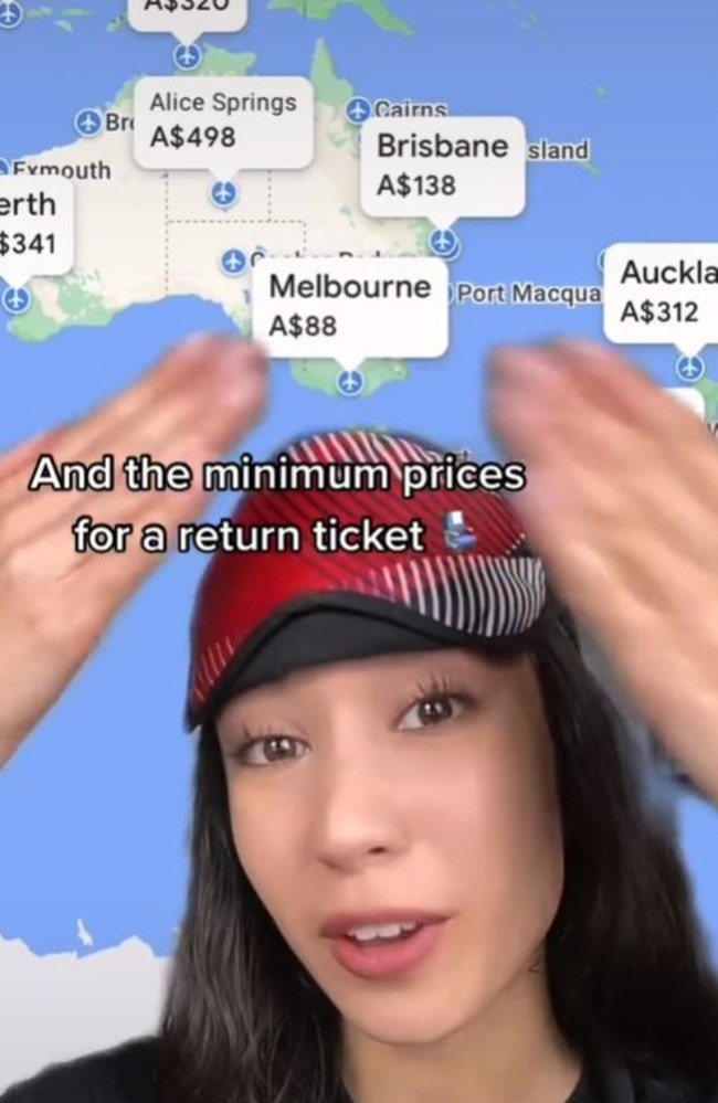 Then click on the map for a list of the cheapest flights – in Queenie’s case, it showed a return flight to Auckland for $312. Picture: TikTok/investwithqueenie