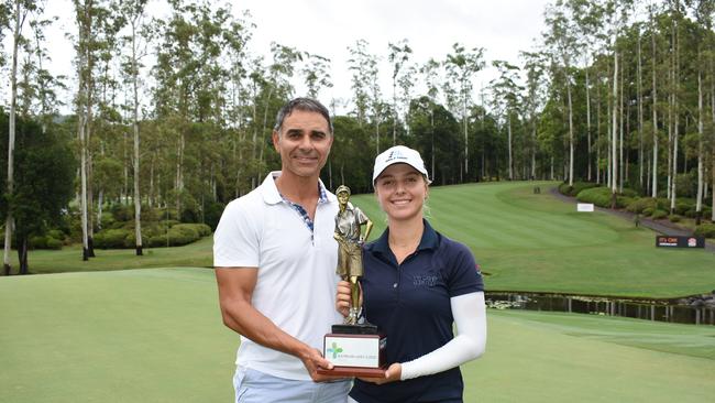 Sydney’s Stephanie Kyriacou and caddie-father Nick after her closing 65 to win the Australian Ladies Classic at Bonville. Photo: Dave Tease, Golf NSW