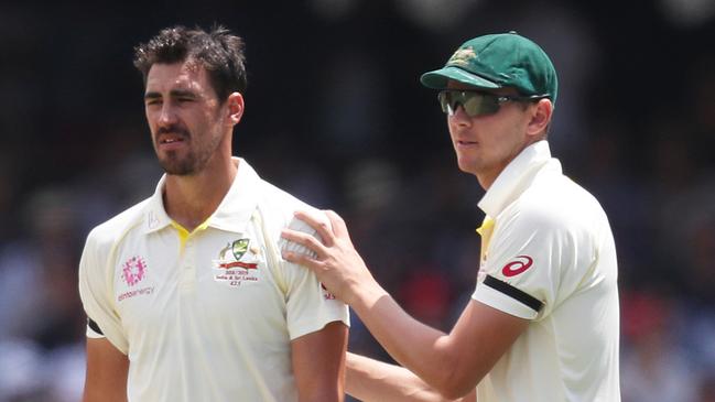 Mitchell Starc and Josh Hazlewood took the new ball for Australia in day one of the fourth Test. Picture: Brett Costello